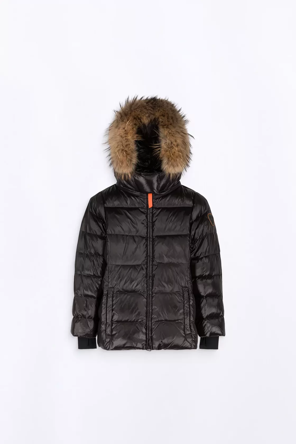 Doudoune Cintree Avec Capuche En Fourrure Little Olga Black Shiny*Gertrude New
