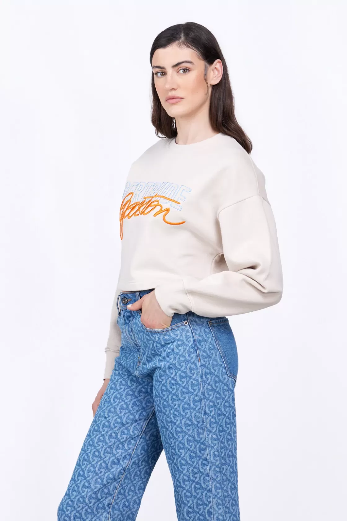 Sweat Col Rond Cropped Brode Maggy Ciment*Gertrude Best